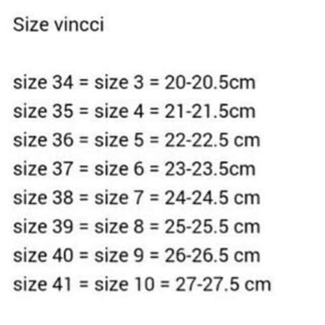 vincci shoe size chart.